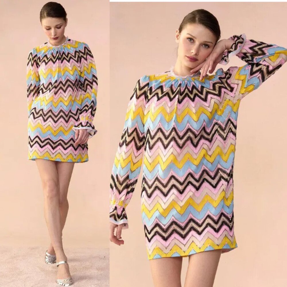 Cynthia Rowley Zigzag Knit Mini Shift Resort Dress Ruffle Sleeve Stripe XS NWT - Picture 2 of 12